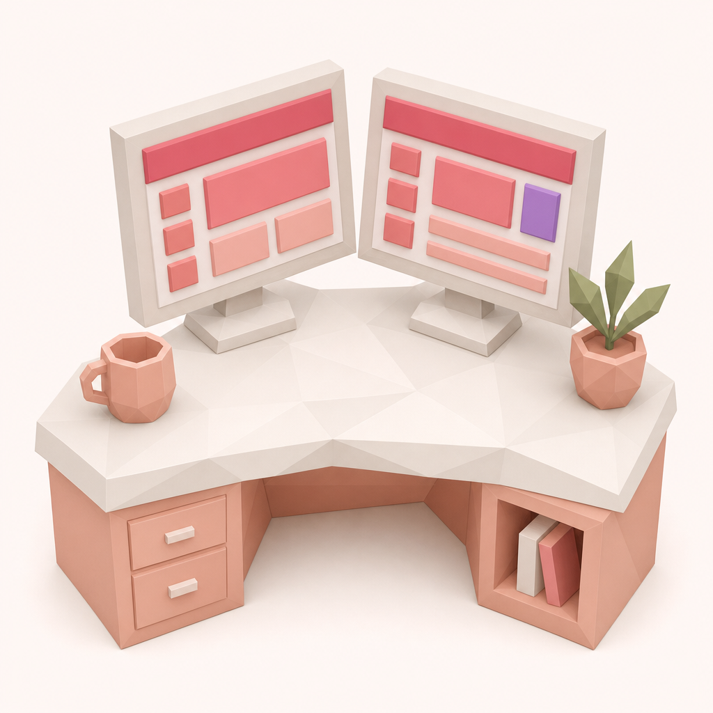 Low-poly 3D render of a small studio workspace with screens showing email layouts