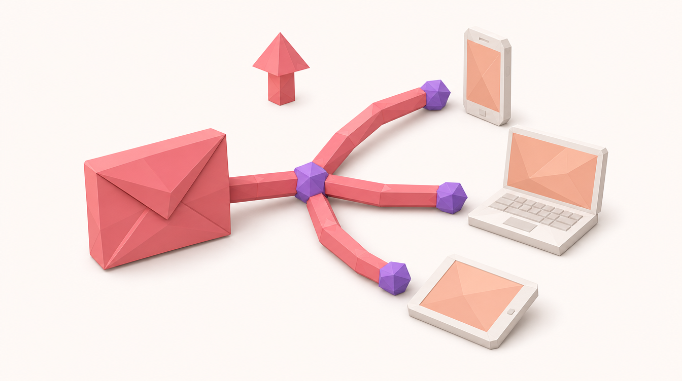 Low-poly 3D scene of an email campaign flow branching between devices