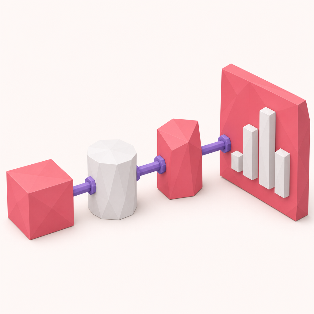 Low-poly 3D render of a three-stage pipeline feeding into a reporting dashboard