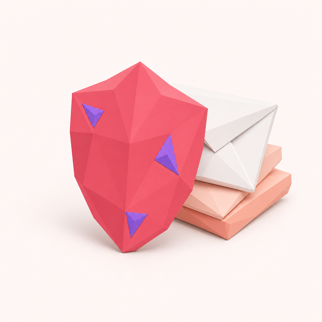 Low-poly 3D icon of a shield protecting a stack of envelopes