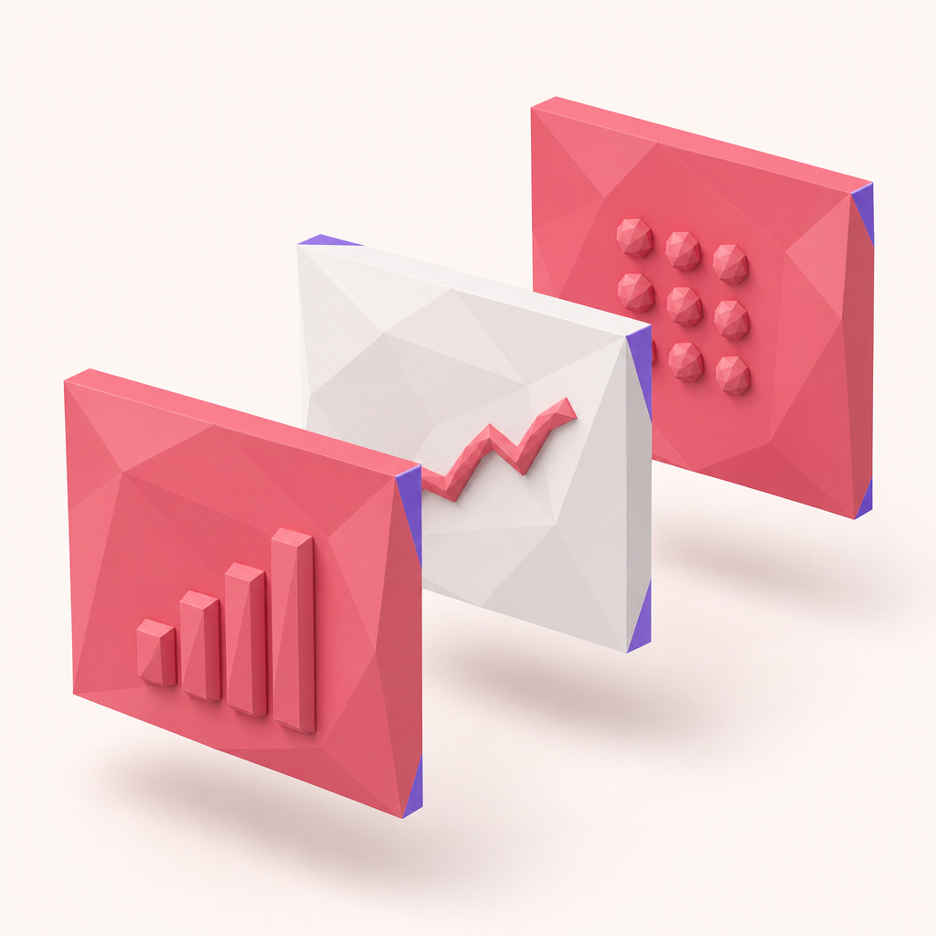 Low-poly 3D render of stacked campaign performance panels